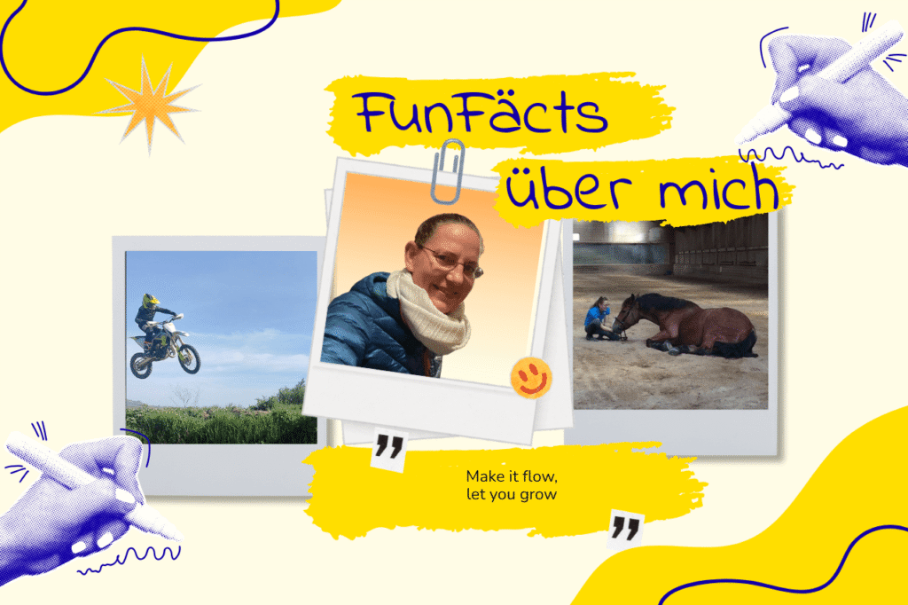 Collage mit dem Titel „FunFäcts über mich“: Mirja Neumayer mit ihrem Sohn beim Motocross, ein persönliches Portrait und ein Moment mit ihrem Pferd.