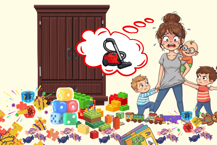 Cartoon einer gestressten Mutter in einem extrem unordentlichen Kinderzimmer voller Spielzeug, Lego und Süßigkeiten, die verzweifelt an das Staubsaugen denkt.