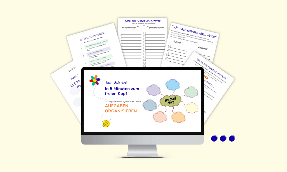 Illustration eines Online-Workbooks: „Mach dich frei – in 5 Minuten zum freien Kopf“. Auf einem Bildschirm sind Mindmap-Wolken und Arbeitsblätter zum Aufgaben organisieren zu sehen.