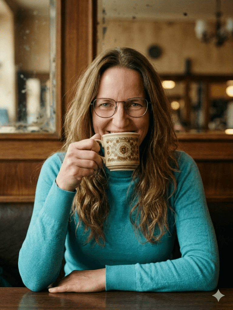 Porträt von Mirja Neumayer, Gründerin des Zauberplaners, lächelnd in einem gemütlichen Café mit einer Tasse Kaffee in der Hand.
