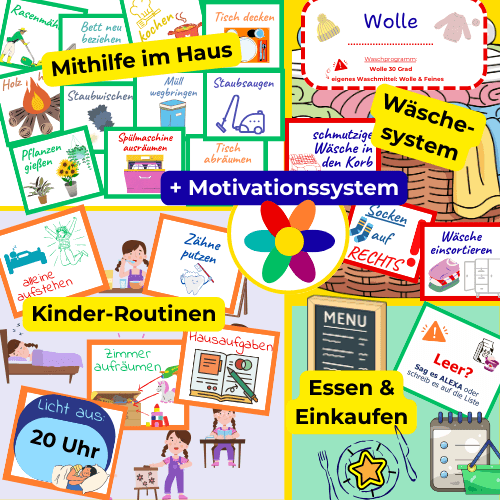 Collage der Zauberplaner-Systemkarten für die Bereiche Mithilfe im Haus, Wäsche-Organisation, Kinder-Routinen sowie Essensplanung und Einkauf.
