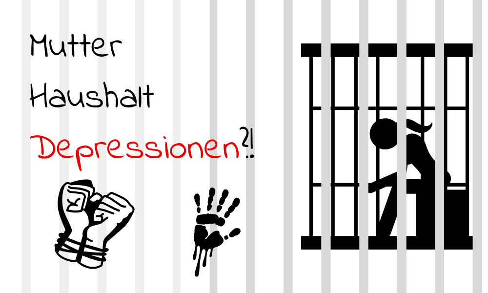 Illustration einer deprimierten Mutter hinter Gitterstäben mit gefesselten Händen – Symbol für Depressionen im Haushalt. Mutter - Haushalt - Depression als Text auf dem Bild